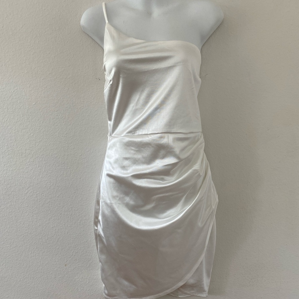 Windsor single adjustable strap ruched skirt satiny fully lined white mini dress